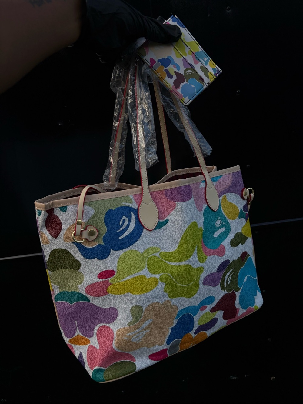 Bape Multicolor Camo-Style Tote with Matching Card Holder